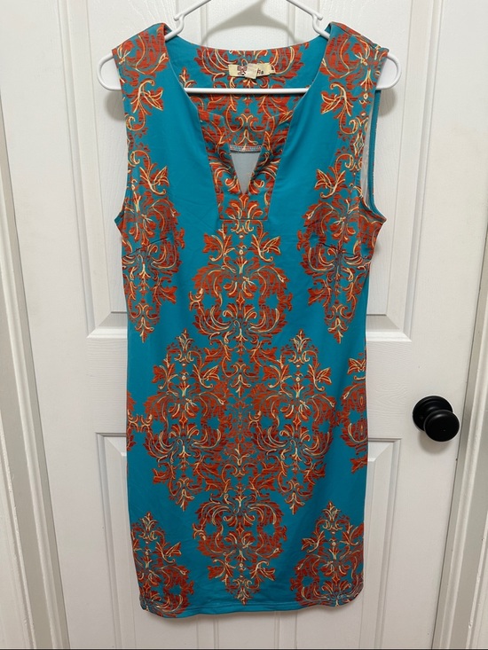 Aryeh Dresses & Skirts - 0066 Aryeh Turquoise‎ Sleeveless Dress with Orange Damask Print women’s medium